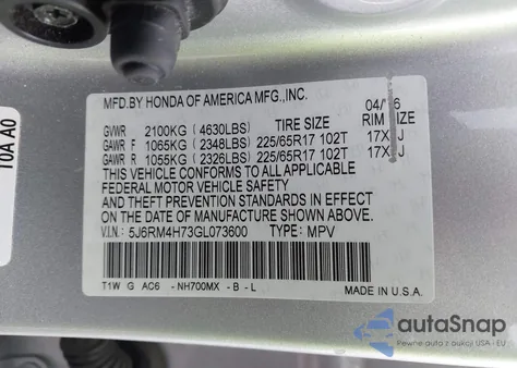 2016 Honda Cr-V Ex-L z USA, uszkodzony, nr VIN 5J6RM4H73GL073600